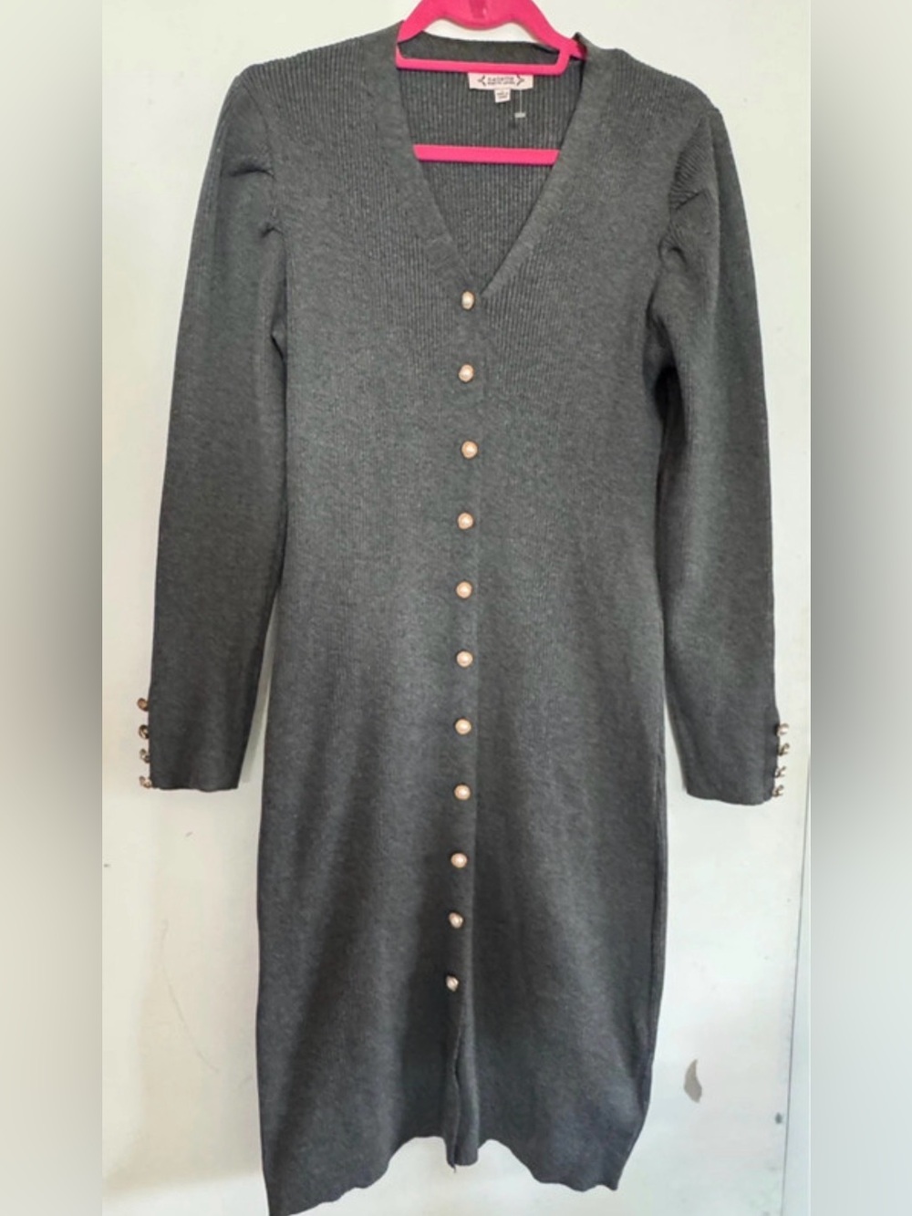 Womens Gray Button-Front Knit Dress
